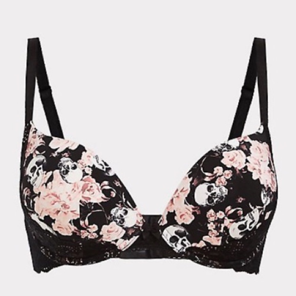 FLORAL SKULL MICROFIBER & LACE PUSH-UP PLUNGE BRA